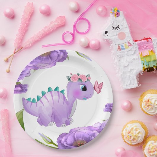 愛らしい紫色の恐竜フローラ赤ちゃんシャワー ペーパープレート (パーティー)