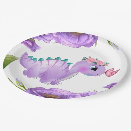 愛らしい紫色の恐竜フローラ赤ちゃんシャワー ペーパープレート (アングル)