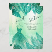 愛らしい緑の熱帯離れグリッター甘い16 招待状 (正面/裏面)