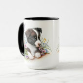 愛らしい縁ど白黒コリー子犬 マグカップ (正面左)