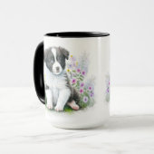 愛らしい縁ど白黒コリー子犬 マグカップ (正面左)