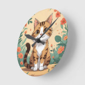 愛らしい縞模様の猫と花畑 8"丸型アクリル ラウンド壁時計 (傾斜)