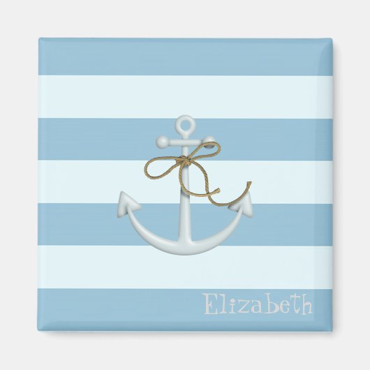 愛らしい航海のいかりオンライトブルーストライプ マグネット (正面)