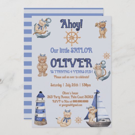 愛らしい航海のブルーボートテディベア誕生日 招待状 (正面/裏面)