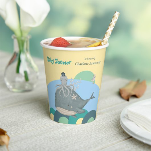 愛らしい航海のホエールイカ黄色の赤ちゃんシャワー 紙コップ (インサイチュ)