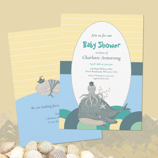 愛らしい航海のホエールタコ黄色の赤ちゃんシャワー 招待状