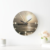 愛らしい船モダンの夕日 ラージ壁時計 (ホーム)