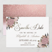愛らしい花柄のグリッター結婚式Save the date セーブザデート (正面/裏面)