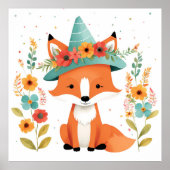 愛らしい花柄の赤い狐の幼児用壁アート ポスター (正面)