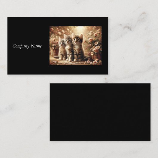 愛らしい虎猫の子猫3匹と花 名刺 (正面/裏面)