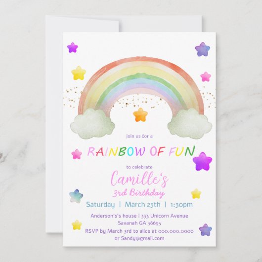 愛らしい虹の星の少女の誕生日 招待状 (正面)