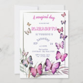 愛らしい蝶ストライプの誕生日 招待状 (正面)