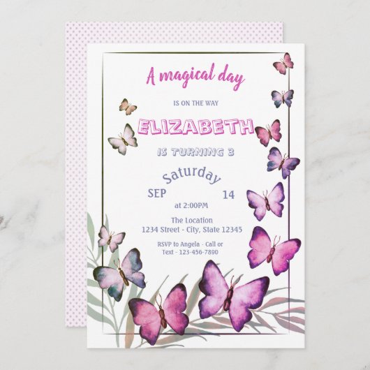 愛らしい蝶ストライプの誕生日 招待状 (正面/裏面)