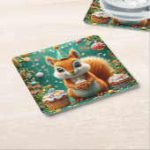 愛らしい誕生日リス スクエアペーパーコースター (アングル)