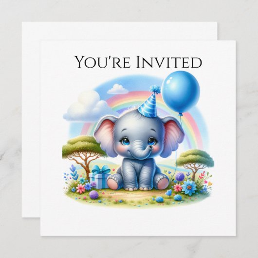愛らしい誕生日象インブルーパーティーハット 招待状 (正面/裏面)