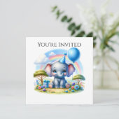 愛らしい誕生日象インブルーパーティーハット 招待状 (スタンド正面)