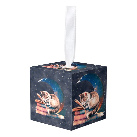 愛らしい読猫・月の本 キューブオーナメント (正面アングル)