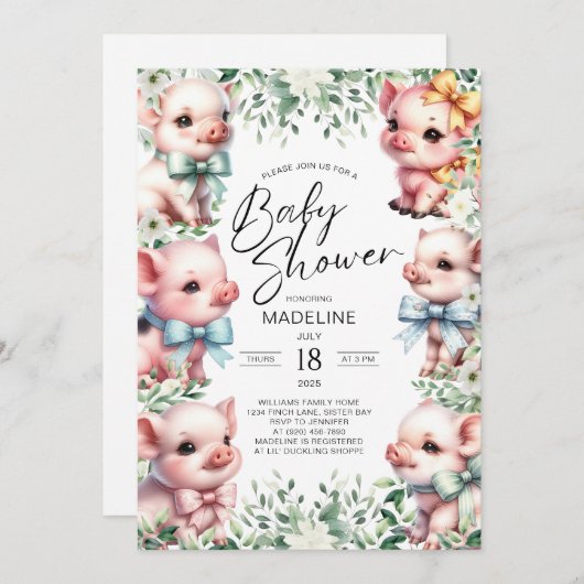 愛らしい豚の緑のベビーシャワー招待状 招待状 (正面/裏面)
