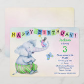 愛らしい象と鳥の子供の誕生日パーティー 招待状 (正面/裏面)