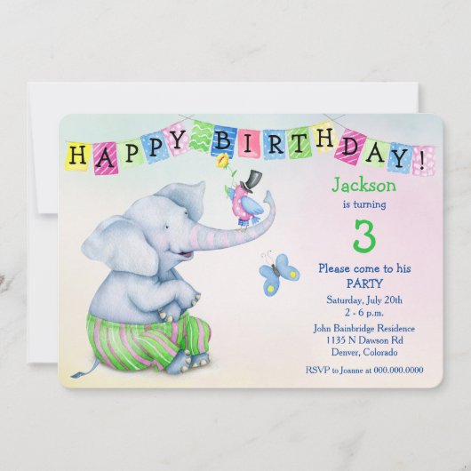 愛らしい象と鳥の子供の誕生日パーティー 招待状 (正面)