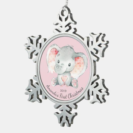 愛らしい象の少女たち初めてのクリスマス スノーフレークピューターオーナメント (右)