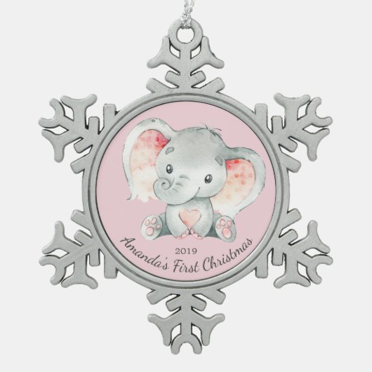 愛らしい象の少女たち初めてのクリスマス スノーフレークピューターオーナメント (正面)