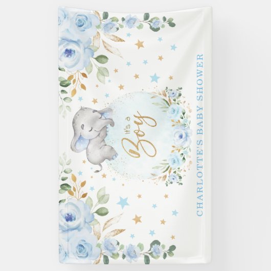 愛らしい象の青いフローラ男の子の赤ちゃんシャワー 横断幕 (縦)