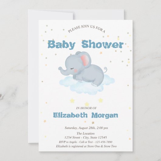 愛らしい象、雲、星のベビーシャワー 招待状 (正面)