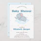 愛らしい象、雲、星のベビーシャワー 招待状 (正面/裏面)