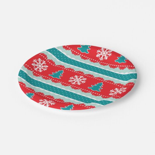 愛らしい赤いティール（緑がかった色）のクリスマスデザイン（雪片） ペーパープレート (アングル)