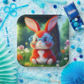 愛らしい赤いバニーが木の下に座って ペーパープレート (パーティー)