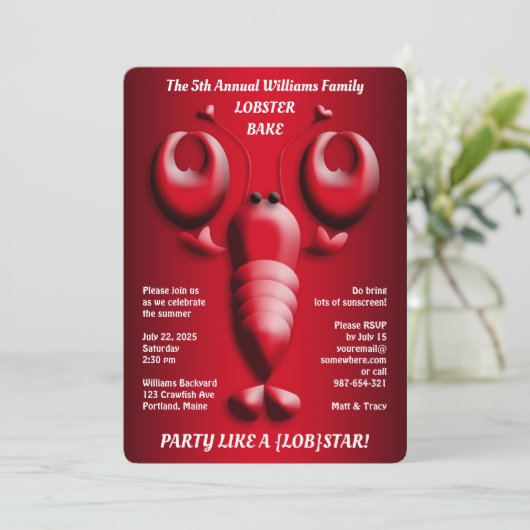 愛らしい赤いロブスターの可愛いハート形の挟み木 招待状 (スタンド正面)