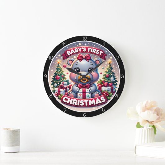 愛らしい赤ちゃんの最初のカバのクリスマス ラージ壁時計 (ホーム)