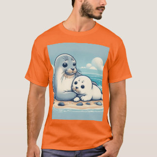 「愛らしい赤ちゃんアザラシと母 - 海の愛」 Tシャツ
