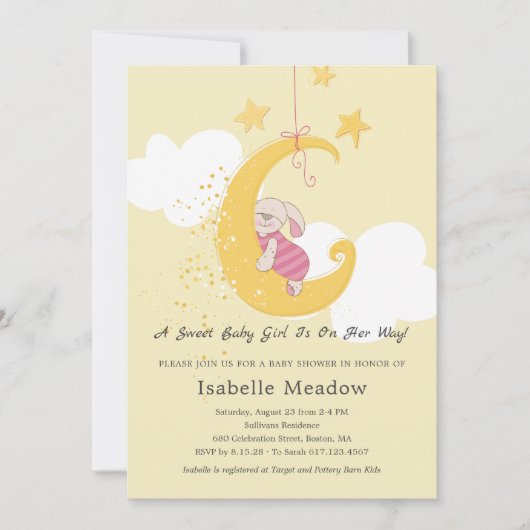 愛らしい赤ちゃんウサギの星と月をテーマにしたベビーシャワー 招待状 (正面)