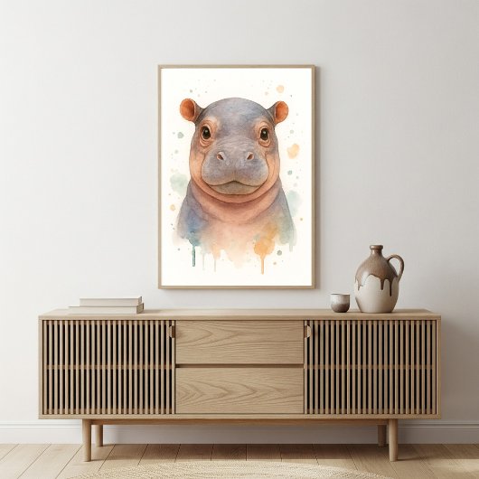愛らしい赤ちゃんカバの水彩画アート ポスター