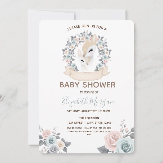 愛らしい赤ちゃんトナカイと花のベビーシャワー 招待状 (正面)