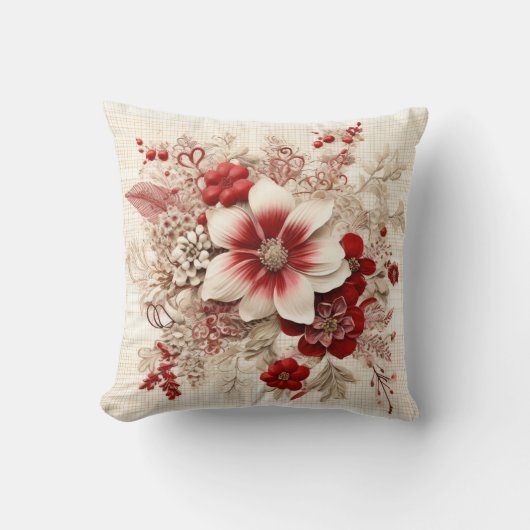愛らしい赤と白花の格子柄 クッション (正面)