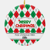 愛らしい赤と緑のアーガイルペットオーナメント。 セラミックオーナメント (裏面)