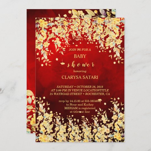 愛らしい赤スタイリッシュい水の色の花のベビーシャワー 招待状 (正面/裏面)