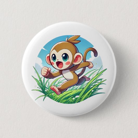 愛らしい走猿の野原を通して 缶バッジ (正面)