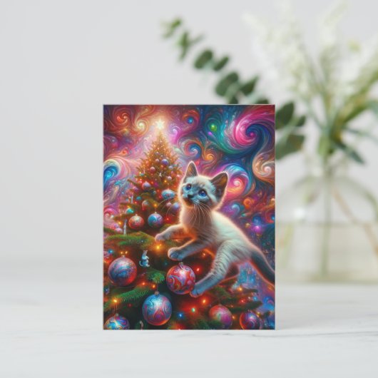 愛らしい超現実的なシャム猫のクリスマス ポストカード (スタンド正面)