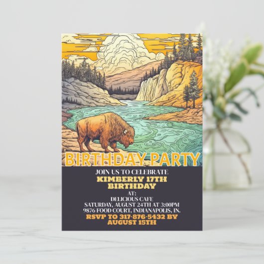 愛らしい野生バッファローバースデーパーティ招待状 招待状 (スタンド正面)
