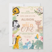 愛らしい野生動物ジャングル、1歳の誕生日 招待状 (正面)