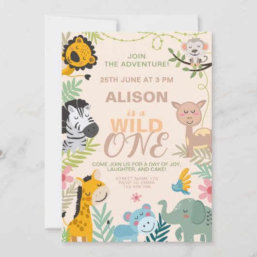愛らしい野生動物ジャングル、1歳の誕生日 招待状 (正面)
