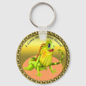愛らしい金ゴールドグリーン幸せ自然イグアナ キーホルダー (正面)