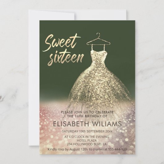 愛らしい金ゴールドドレ魅力的スが赤グラデーションく輝いた 招待状 (正面)