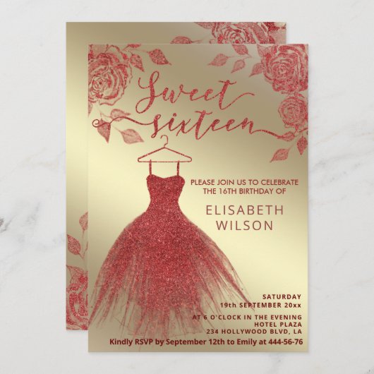 愛らしい金ゴールド赤いバラ赤いキラキラ色のドレス 招待状 (正面/裏面)