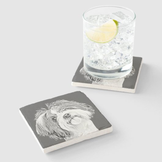 愛らしい鉛筆シーズー(犬)Tzuマーブルコースター ストーンコースター (横)