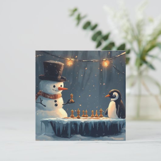 愛らしい雪だるまとペンギンがチェスを楽しむ シーズンカード (スタンド正面)